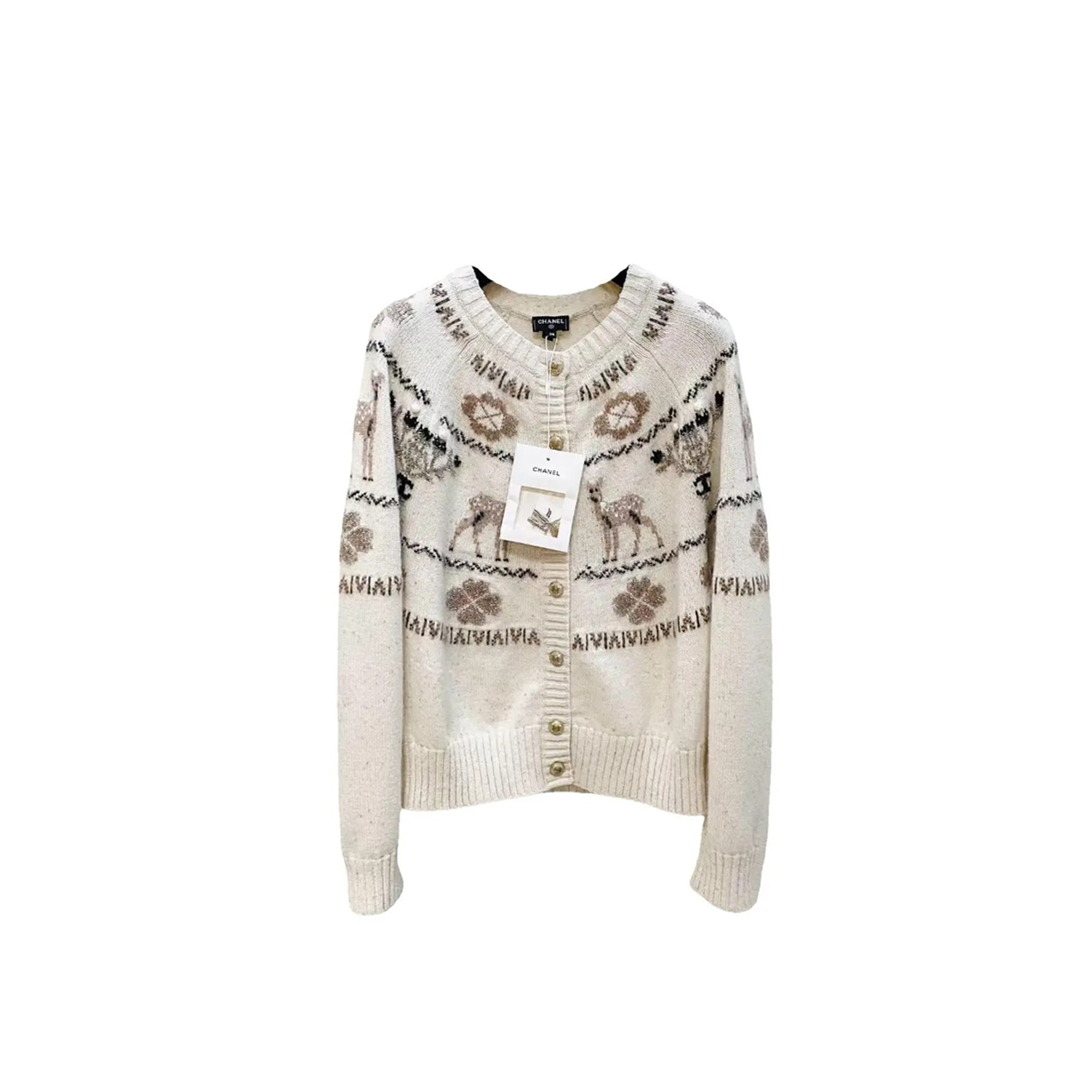 Ch**el cardigan long sleeve reindeer clover tweed cashmere